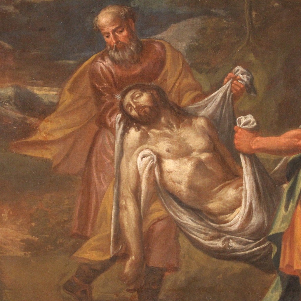 Grande quadro religioso del XVII secolo, Trasporto di Cristo al sepolcro-photo-2