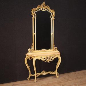 Grande console con specchiera laccata in stile Luigi XV