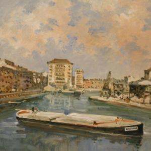 Dipinto italiano firmato paesaggio veduta di fiume con barche