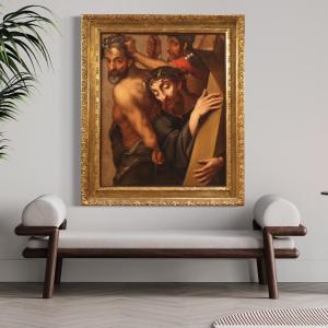 Antico dipinto fiammingo Cristo portacroce del XVII secolo