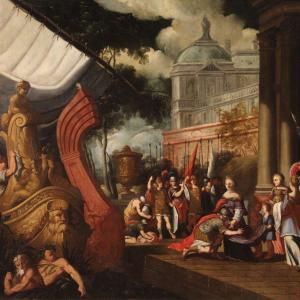 Grande dipinto del XVIII secolo, l'incontro tra Antonio e Cleopatra