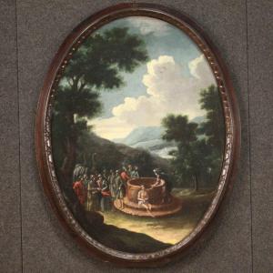 Antico dipinto italiano ovale del XVIII secolo "Giuseppe al pozzo"