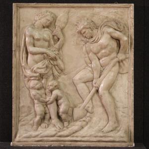 Bassorilievo italiano in scaiola, Adamo ed Eva al lavoro