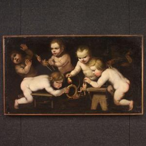 Antico dipinto del XVII secolo, giochi di putti