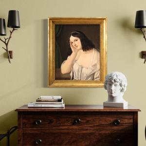 Antico dipinto italiano ritratto di giovane dama del XIX secolo