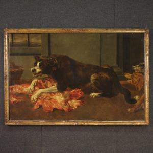 Grande quadro del XVII secolo, natura morta con cani