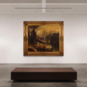 Grande dipinto olandese paesaggio romantico del XIX secolo