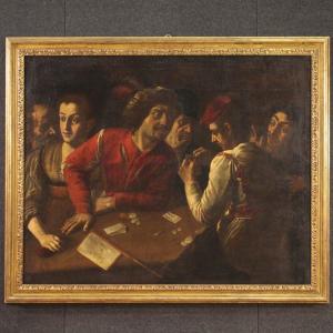 Grande dipinto italiano del XVII secolo, giocatori di carte