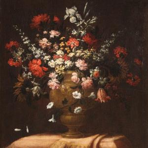 Grande dipinto italiano del XVIII secolo natura morta con vaso fiorito 