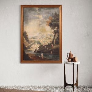 Grande dipinto paesaggio a tempera su carta del XVIII secolo