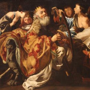 Grande quadro del XVII secolo, Re David suona l'arpa tra gli angeli