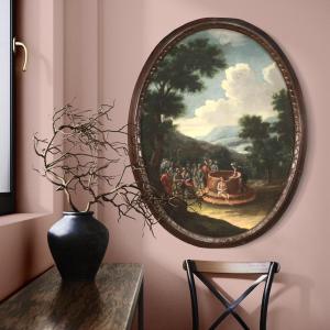Antico dipinto ovale del XVIII secolo Giuseppe al pozzo