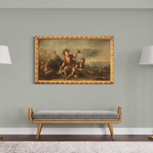 Dipinto olio su tela paesaggio con bambini del XVIII secolo