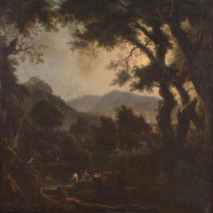 Grande dipinto paesaggio con figure del XVIII secolo