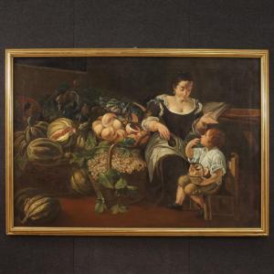 Grande dipinto italiano del XVIII secolo, scena di genere con natura morta
