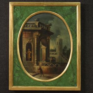 Dipinto italiano veduta con architetture e personaggi del XVIII secolo