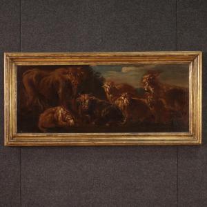 Dipinto italiano del XVII secolo, paesaggio con animali al pascolo