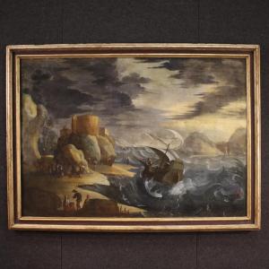 Grande dipinto marina con mare in tempesta del XVII secolo