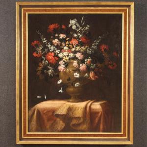 Antico dipinto del XVII secolo, natura morta con vaso fiorito