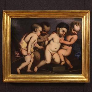 Dipinto italiano antico giochi di putti del XVII secolo