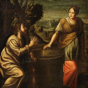 Antico dipinto italiano Cristo e la Samaritana al pozzo del XVII secolo