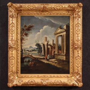 Dipinto scuola veneziana del XVIII secolo, capriccio architettonico con figure