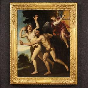 Antico dipinto del XVII secolo, la cacciata di Adamo ed Eva dal Paradiso Terrestre