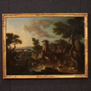 Grande dipinto italiano del XVII secolo, paesaggio di campagna con figure
