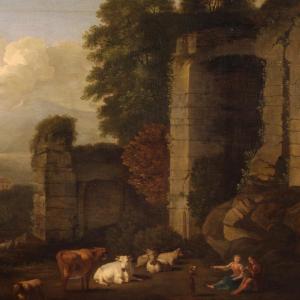 Grande dipinto italiano del XVII secolo, paesaggio bucolico con rovine