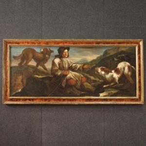 Antico dipinto lombardo del XVII secolo, il pastore con i suoi cani