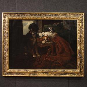 Grande quadro francese del XIX secolo, interno con cani da compagnia