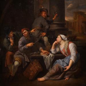 Antico quadro fiammingo del XVIII secolo, scena di genere popolare