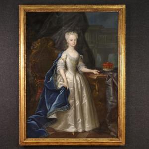 Grande dipinto del XVIII secolo, ritratto di giovane principessa