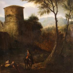 Antico dipinto su tavola del XVIII secolo, paesaggio arcadico con cavaliere