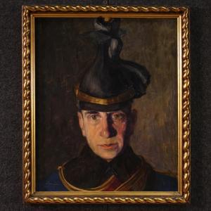 Dipinto ritratto di militare firmato Vass E. e datato 1915