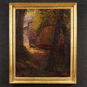 Dipinto italiano impressionista veduta di campagna con personaggi firmato E. Morteo