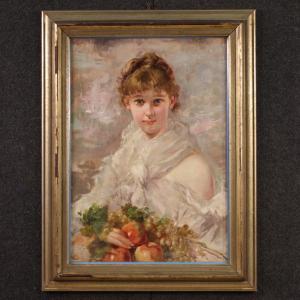 Dipinto italiano firmato ritratto di fanciulla del XX secolo