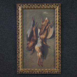 Dipinto italiano del XX secolo, natura morta con cacciagione