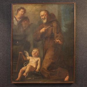 Antico dipinto Santo Francescano in preghiera con putti del XVII secolo