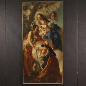Grande dipinto italiano Madonna con bambino, San Giovanni Battista e San Rocco del XVIII secolo