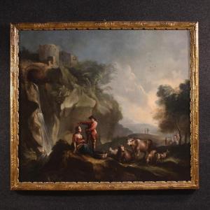 Grande dipinto italiano del XVIII secolo, paesaggio con scena pastorale e figure
