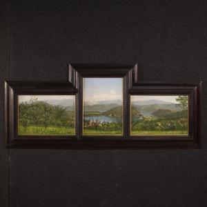 Trittico di dipinti veduta del lago di Lugano del XX secolo