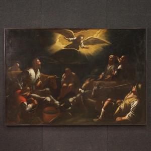 Antico dipinto di scuola bassanesca del XVII secolo, l'annuncio ai pastori