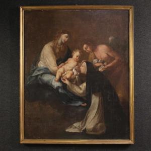Antico dipinto Adorazione di Santa Rosa da Lima con Madonna e Gesù bambino del XVIII secolo