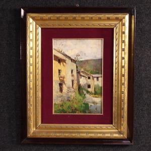 Dipinto italiano paesaggio veduta di case del XX secolo
