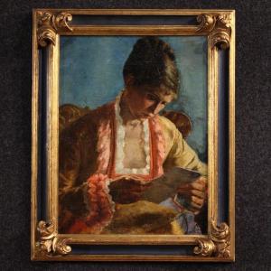 Dipinto francese ritratto di donna con lettera datato 1979