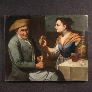 Antico quadro lombardo del XVII secolo, scena d’interno