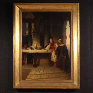 Grande quadro firmato Carlo De Notaris, il profeta Daniele svela a Ciro l’inganno dei sacerdoti
