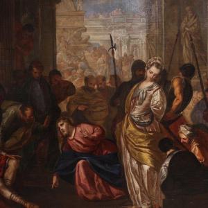 Grande dipinto veneziano del XVI secolo, Cristo e l’adultera