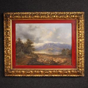 Paesaggio italiano con viandanti, olio su tela datato 1845